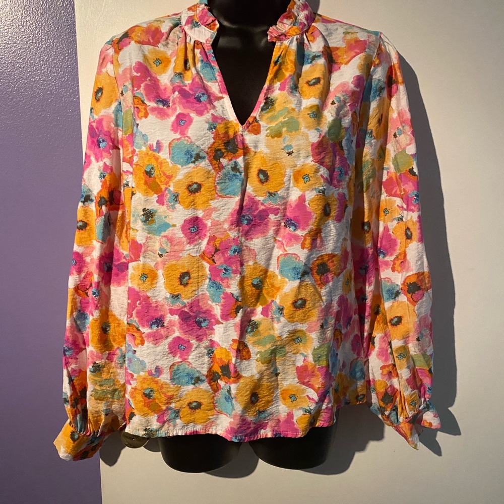 Fate Pink and Orange Long Sleeve Notched Collar Blouse Size Medium
